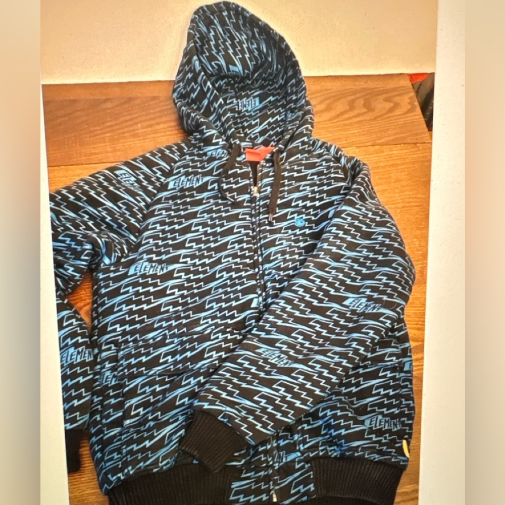 Vtg Element Aqua-Blue Blk Full Zip Hooded Jacket Mens L Skater Y2K AOP Lightning